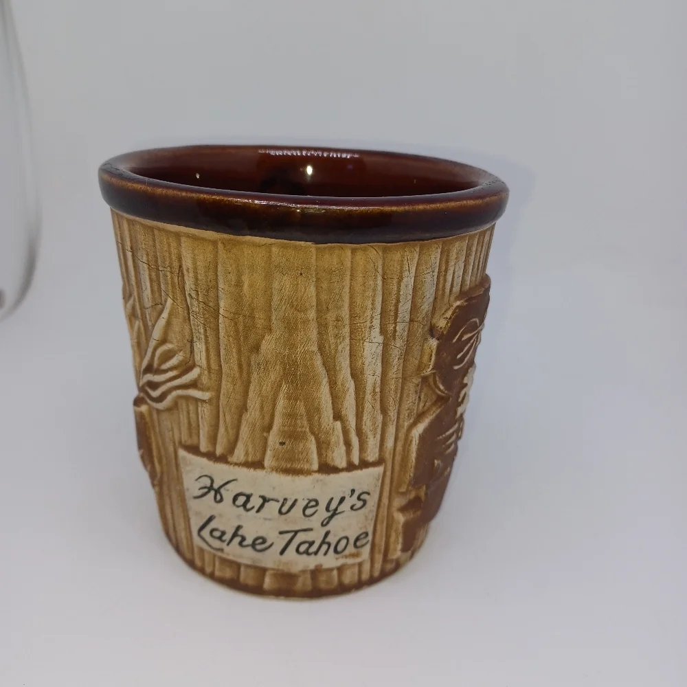 Vtg Harveys Lake Tahoe Bucket Tiki Mug Block Font Print Brown Glaze OMC Otagiri